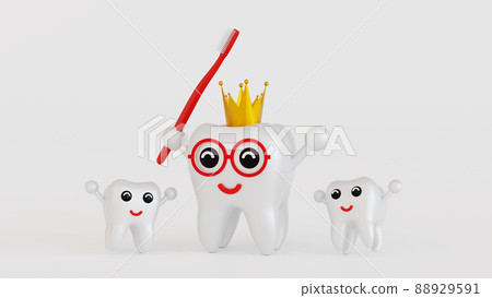 Cute tooth character with happy face holding dental equipment toothbrush, dental care, 3D rendering. 88929591
