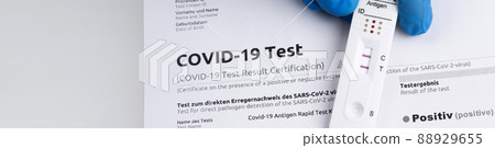 Positive test result by using rapid test device for COVID-19. Positive test result by using rapid test device for COVID-19. 88929655