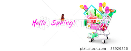 Mini shopping cart with colorful flowers and butterflies. 88929826