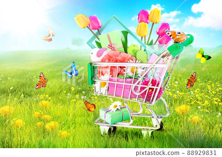 Mini shopping cart with colorful flowers and butterflies. 88929831