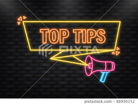 Neon Icon. Top tips megaphone yellow banner in 3D style on white background. Vector illustration 88930152