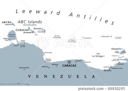 Leeward Antilles, gray political map. Caribbean island chain. From Aruba, Curacao and Bonaire to La Tortuga and Margarita Island. Southerly islands of the Lesser Antilles, north the Venezuelan coast. 88930205