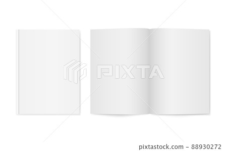 Magazine mockup. Open book isolated. Realistic booklet template on white backdrop. Clean brochure with soft shadow. Paper catalog top view. Vector illustration Magazine mockup. Open book isolated. Realistic booklet template on white backdrop. Clean brochure with soft shadow. Paper catalog top view. Vector illustration 88930272