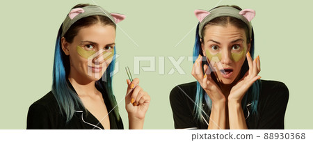 Collage with woman in pajamas with eye patches on pastel green background. 88930368