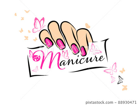 Female hand with a beautiful manicure holding a card . Vector illustration 88930471