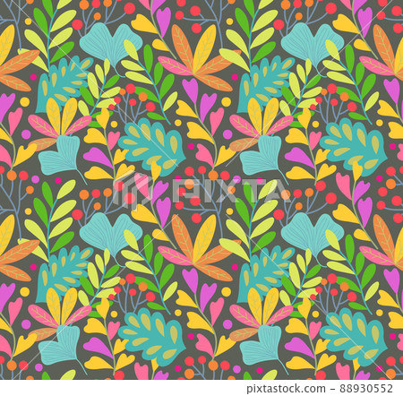 Seamless texture with vector plant elements, leaves and berries. 88930552