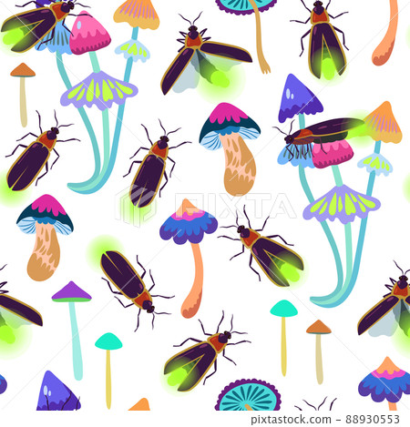 Seamless pattern with firefly beetles and fairy mushrooms for textile and design. 88930553