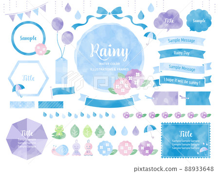 Rainy season watercolor style illustration and frame set / Hydrangea, rain, umbrella, early summer, plants, hydrangea 88933648