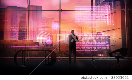 A man writes code using virtual reality panel, 3D render. 88935661