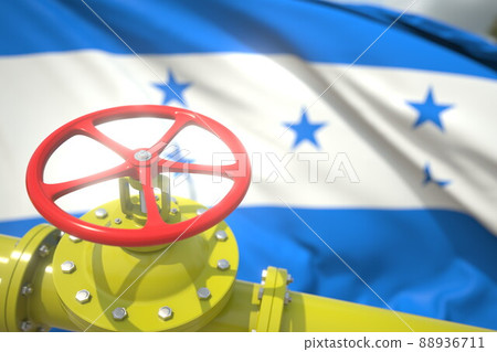 Gas or oil pipe valve and flag of Honduras. Conceptual 3d rendering Gas or oil pipe valve and flag of Honduras. Conceptual 3d rendering 88936711