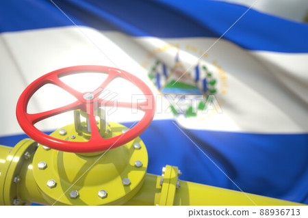 Gas or oil pipe valve and flag of El Salvador. Conceptual 3d rendering Gas or oil pipe valve and flag of El Salvador. Conceptual 3d rendering 88936713
