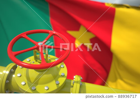 Pipe valve close-up and flag of Cameroon, 3d rendering Pipe valve close-up and flag of Cameroon, 3d rendering 88936717