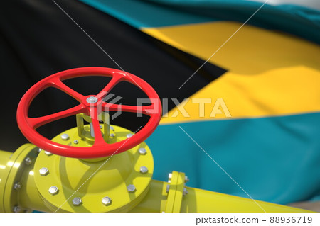 Oil or gas pipeline valve and flag of Bahamas. 3d rendering 88936719