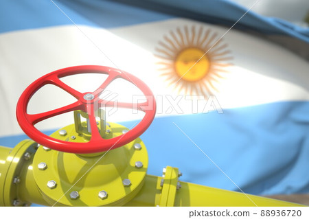 Gas or oil pipe valve and flag of Argentina. Conceptual 3d rendering 88936720