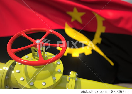 Waving flag of Angola and the gas or oil pipeline valve. Conceptual 3d rendering 88936721
