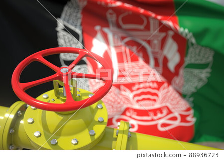 Waving flag of Afghanistan and the gas or oil pipeline valve. Conceptual 3d rendering Waving flag of Afghanistan and the gas or oil pipeline valve. Conceptual 3d rendering 88936723