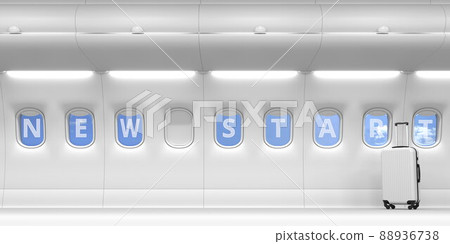 New start text on an airplane portholes. 3d rendering 88936738