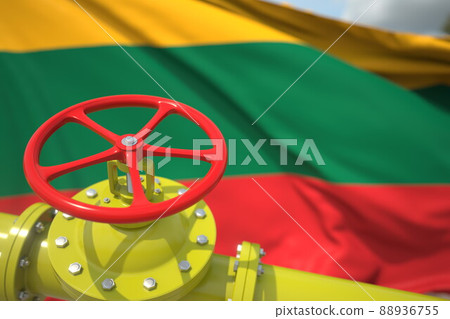 Waving flag of Lithuania and the gas or oil pipeline valve. Conceptual 3d rendering Waving flag of Lithuania and the gas or oil pipeline valve. Conceptual 3d rendering 88936755