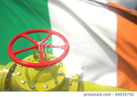 Waving flag of Ireland and the gas or oil pipeline valve. Conceptual 3d rendering 88936756
