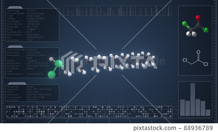 Molecule of chloracetyl chloride with infographics on the computer monitor, 3d rendering Molecule of chloracetyl chloride with infographics on the computer monitor, 3d rendering 88936789