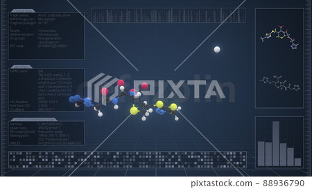 Cefazolin molecule with description on the computer screen, 3d rendering Cefazolin molecule with description on the computer screen, 3d rendering 88936790