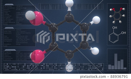 Overview of the molecule of catechol on the computer screen. 3d rendering Overview of the molecule of catechol on the computer screen. 3d rendering 88936791