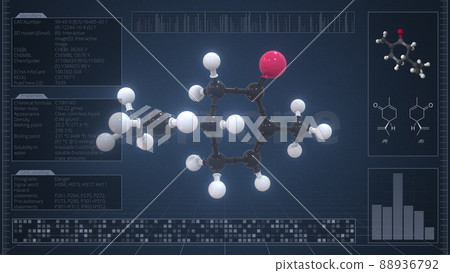 Overview of the molecule of carvone on the computer screen. 3d rendering Overview of the molecule of carvone on the computer screen. 3d rendering 88936792