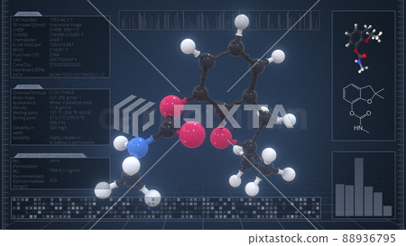 Carbofuran molecule with description on the computer screen, 3d rendering 88936795