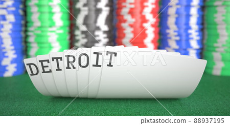 A hand of playing cards with Detroit text. 3d rendering A hand of playing cards with Detroit text. 3d rendering 88937195