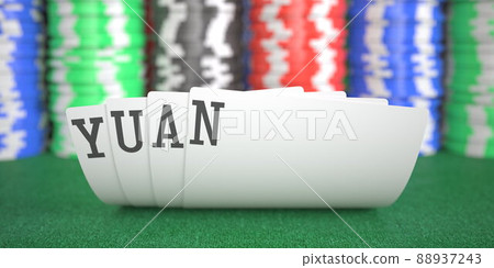 Yuan text on playing cards on the table, 3d rendering 88937243