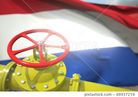 Pipe valve close-up and flag of the Netherlands, 3d rendering Pipe valve close-up and flag of the Netherlands, 3d rendering 88937259