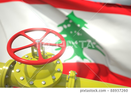 Oil or gas pipeline valve and flag of Lebanon. 3d rendering Oil or gas pipeline valve and flag of Lebanon. 3d rendering 88937260