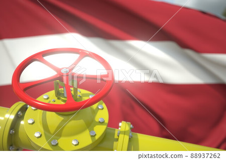 Waving flag of Latvia and the gas or oil pipeline valve. Conceptual 3d rendering Waving flag of Latvia and the gas or oil pipeline valve. Conceptual 3d rendering 88937262