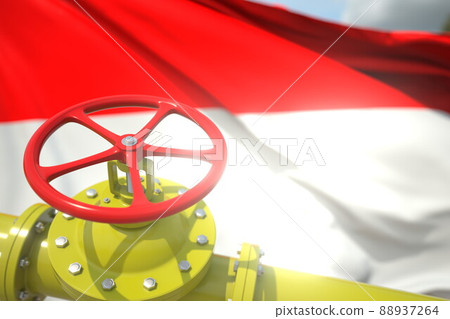 Gas or oil pipe valve and flag of Indonesia. Conceptual 3d rendering Gas or oil pipe valve and flag of Indonesia. Conceptual 3d rendering 88937264