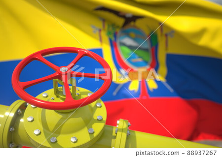 Oil or gas pipeline valve and flag of Ecuador. 3d rendering Oil or gas pipeline valve and flag of Ecuador. 3d rendering 88937267