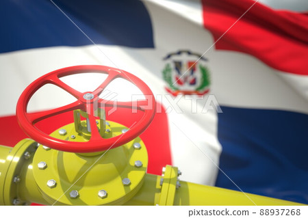 Gas or oil pipe valve and flag of the Dominican Republic. Conceptual 3d rendering Gas or oil pipe valve and flag of the Dominican Republic. Conceptual 3d rendering 88937268