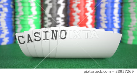 Casino text on playing cards on the table, 3d rendering Casino text on playing cards on the table, 3d rendering 88937269