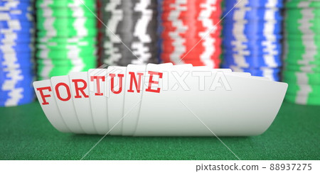 Fortune text on playing cards on the table, 3d rendering Fortune text on playing cards on the table, 3d rendering 88937275