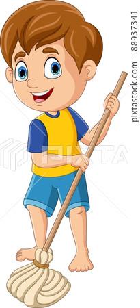 Cartoon little boy mopping the floor Cartoon little boy mopping the floor 88937341