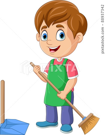 Cartoon little boy sweeping the floor 88937342