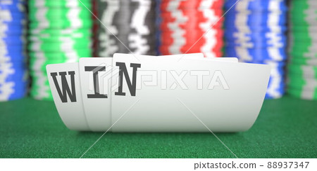 A hand of playing cards with win text. 3d rendering 88937347