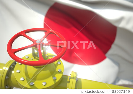 Waving flag of Japan and the gas or oil pipeline valve. Conceptual 3d rendering Waving flag of Japan and the gas or oil pipeline valve. Conceptual 3d rendering 88937349