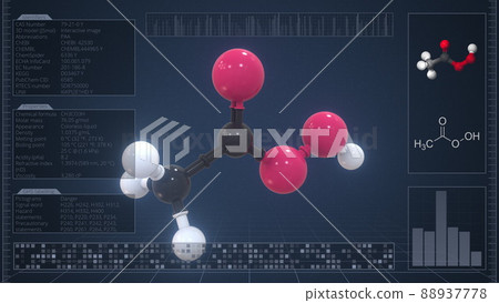 Overview of the molecule of peroxyacetic acid on the computer screen. 3d rendering Overview of the molecule of peroxyacetic acid on the computer screen. 3d rendering 88937778