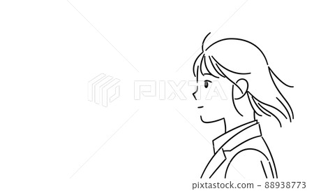 一個女人在側面的插圖,頭髮在風中飄揚。 一個女人在側面的插圖,頭髮在風中飄揚。 88938773