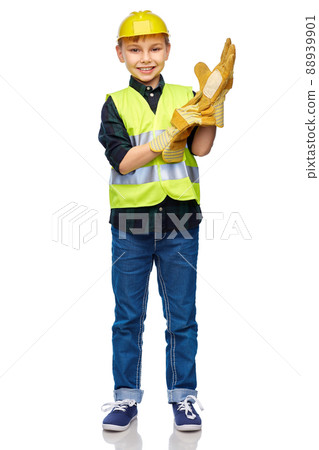 boy in protective helmet, gloves and safety vest 88939901