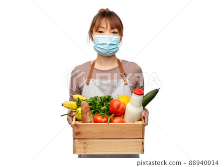 female chef in mask with food in wooden box female chef in mask with food in wooden box 88940014