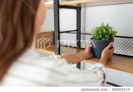 woman decorating home with flower or houseplant 88940224