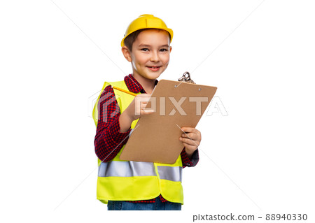 little boy in helmet with clipboard and pencil little boy in helmet with clipboard and pencil 88940330