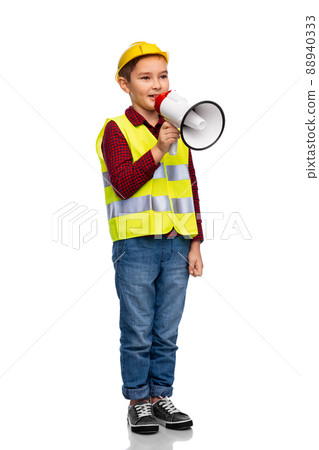 boy in protective helmet talking to megaphone 88940333