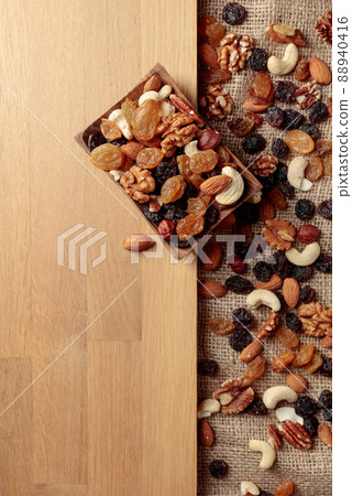 Mix of nuts and raisins on a wooden table. Mix of nuts and raisins on a wooden table. 88940416